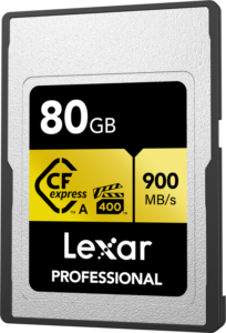 800q-02_120865 Lexar CFexpress Pro Gold R900/W800 VPG400 Type-A 80 Gt:n muistikortissa on jopa 900 Mt/s luku- ja 800 Mt/s kirjoitusnopeus, VPG400-luokitus sekä musta, valkoinen ja keltainen muotoilu.