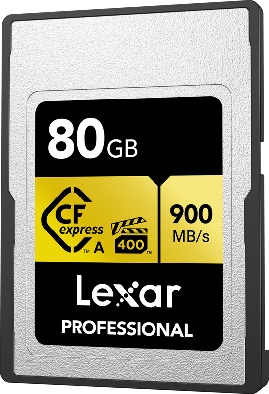 800q-02_120865 Lexar CFexpress Pro Gold R900/W800 VPG400 Type-A 80 Gt:n muistikortissa on jopa 900 Mt/s luku- ja 800 Mt/s kirjoitusnopeus, VPG400-luokitus sekä musta, valkoinen ja keltainen muotoilu.