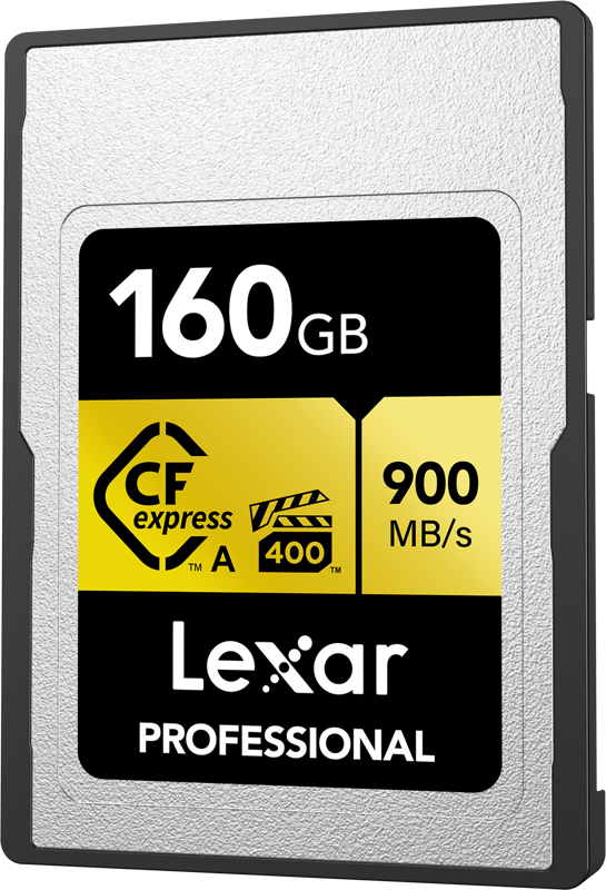 800q-02_120866 Lexar CFexpress Pro Gold R900/W800 VPG400 Type-A 160GB muistikortti tarjoaa jopa 900 MB/s nopeuden ja yhdistää korkean suorituskyvyn tyylikkääseen hopean, mustan ja keltaisen muotoiluun.