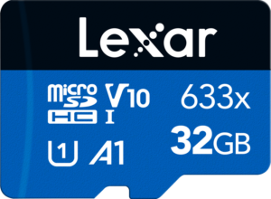 800q-02_121227 The Lexar 633X microSDHC/SDXC (V30) R100 32GB memory card features 32GB capacity, V30 speed and a blue-black design with 633x, V10, A1, U1 and microSDHC I markings.