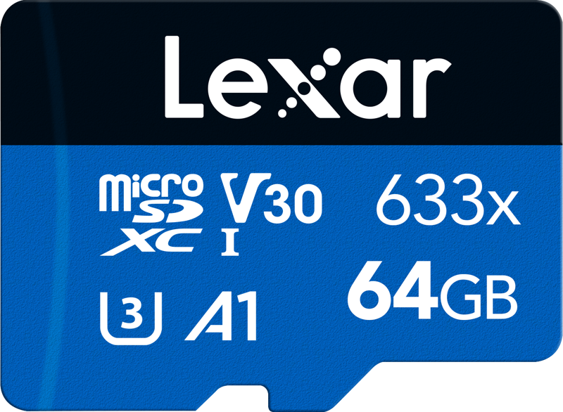 800q-02_121228 Lexar 633X microSDXC (V30) 64GB muistikortti, sininen-musta, Class 10, U3, A1, nopeus R95/W45.