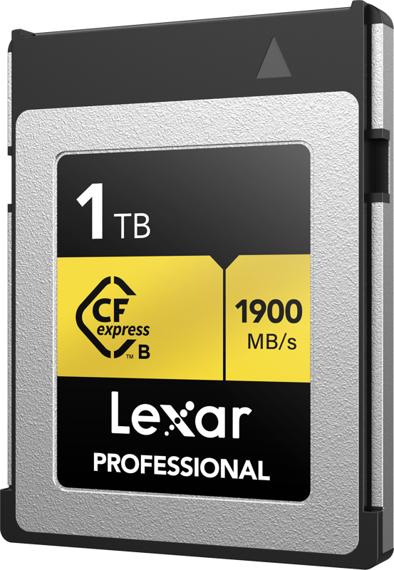 800q-02_121389 Lexar CFexpress Pro Gold R1900/W1500 1TB -muistikortti tarjoaa 1TB:n kapasiteetin ja jopa 1900 MB/s nopeuden, hopean ja mustan muotoilun sekä kultaiset korostukset.