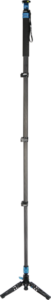 800q-02_121534 Sirui P-424FL Monopod on korkea, musta monopodi, jossa on siniset korostukset, vaahtomuovinen kahva lähellä yläosaa, kolme käännettävää lukitusta korkeuden säätöä varten ja pieni kokoontaitettava kolmijalka alareunassa.