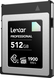 800q-02_122397 Lexar CFexpress Pro Diamond R1900/W1700 (VPG400) 512GB -muistikortti on hopean ja mustan metallin värinen, siinä on CFexpress Type B- ja VPG400-merkinnät ja se tukee jopa 1900 MB/s lukunopeutta.
