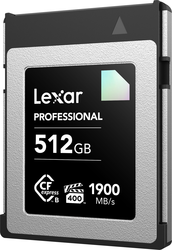 800q-02_122397 Lexar CFexpress Pro Diamond R1900/W1700 (VPG400) 512GB -muistikortti on hopean ja mustan metallin värinen, siinä on CFexpress Type B- ja VPG400-merkinnät ja se tukee jopa 1900 MB/s lukunopeutta.