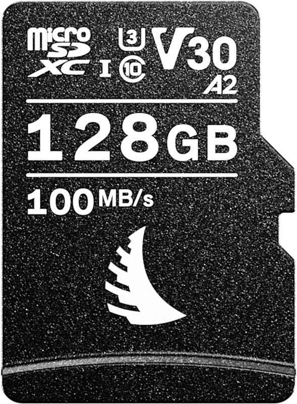 ANGELBIRD microSD AV PRO (V30) 128GB on musta UHS-I, A2, V30 microSDXC-kortti, jonka nopeus on 100MB/s. Valkoinen teksti ja symbolit näyttävät sen tekniset tiedot ja suorituskykyluokan.