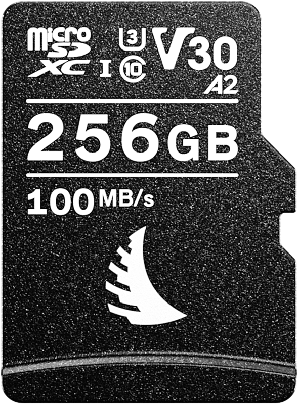 ANGELBIRD microSD AV PRO (V30) 256GB on musta microSDXC-kortti, jossa on valkoinen teksti, 256GB kapasiteetti, 100MB/s nopeus, U3-, V30- ja A2-suorituskykyluokkien kuvakkeet sekä purjeen muotoinen logo.