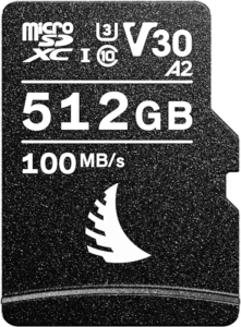 ANGELBIRD microSD AV PRO (V30) 512GB on musta microSDXC-kortti, jossa on A2-, V30- ja 100MB/s-nopeussymbolit ja valkoinen tyylitelty logo kortin alaosassa.