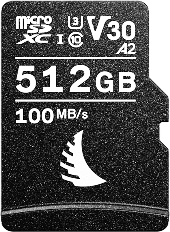 ANGELBIRD microSD AV PRO (V30) 512GB on musta microSDXC-kortti, jossa on A2-, V30- ja 100MB/s-nopeussymbolit ja valkoinen tyylitelty logo kortin alaosassa.
