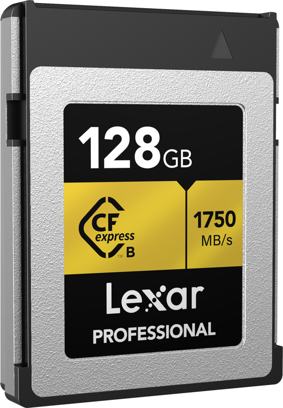 800q-02_123955 Lexar CFexpress Pro Gold R1900/W1500 128GB -muistikortti tarjoaa nopeat, jopa 1900 MB/s nopeudet ja tyylikkään hopean ja kullan värisen muotoilun.