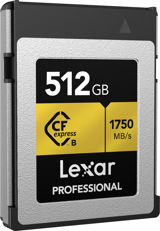 800q-02_123957 Lexar CFexpress Pro Gold R1900/W1500 512GB -muistikortti on esillä, jossa on hopean ja mustan värinen muotoilu keltaisella merkinnällä ja joka tarjoaa suuren lukunopeuden jopa 1900 MB/s.