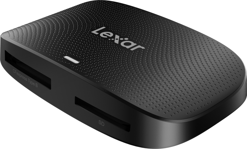 800q-02_124105 Black Lexar Cardreader CFExpress Type B/SD UHS-II USB 3.2 Gen2 memory card reader with textured surface showing SD and CFexpress Type B slots in a diagonal white background.