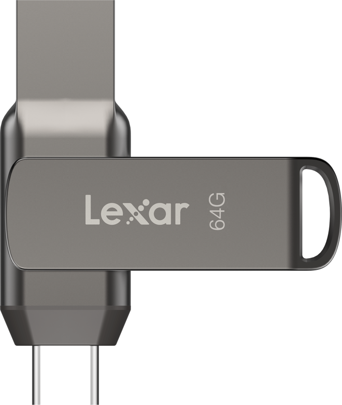 800q-02_125015 Lähikuva Lexar Jumpdrive Dual Drive D400 Type-C / Type-C & Type-A 64GB -muistitikku, jossa korostuu kääntyvä metallikansi, jonka kylkeen on painettu tuotemerkki ja tallennuskapasiteetti.