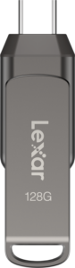 800q-02_125016 A close-up of the Lexar Jumpdrive Dual Drive D400 shows its metallic finish, and the Type-C/Type-A USB flash drive's Type-C label and 128GB capacity are visible.