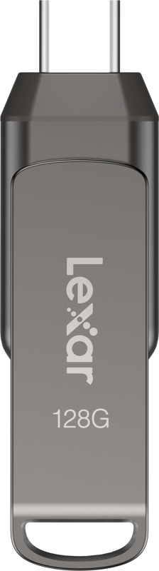 800q-02_125016 A close-up of the Lexar Jumpdrive Dual Drive D400 shows its metallic finish, and the Type-C/Type-A USB flash drive's Type-C label and 128GB capacity are visible.
