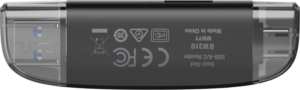 Lexar LRW310U Cardreader Dual Slot USB-A/C -kortinlukijassa on musta runko, jossa on läpikuultavat päät, siinä näkyy sertifiointisymbolit, se lukee USB-A/C-kortteja ja se on valmistettu Kiinassa.