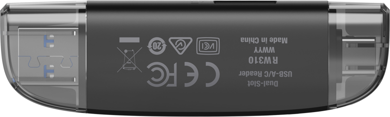 Lexar LRW310U Cardreader Dual Slot USB-A/C -kortinlukijassa on musta runko, jossa on läpikuultavat päät, siinä näkyy sertifiointisymbolit, se lukee USB-A/C-kortteja ja se on valmistettu Kiinassa.