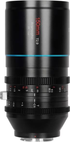 Sirui Anamorphic Lens Venus 1.6x FF 150mm T2.9 E-Mount -objektiivi, musta, jossa on valkoiset ja punaiset merkinnät, sininen aksenttirengas sekä tarkennus/aukkorenkaat, näkyy valkoista taustaa vasten.