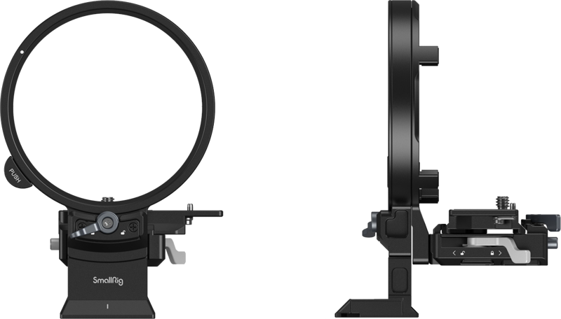800q-02_125263 Kaksi näkymää SmallRig 4305 Rotatable Horizontal to Vertical Mount Plate Kit -levysarjasta FUJIFILM GFX -sarjan kameroille: etunäkymä korostaa pyöreää kiinnikettä, sivukuva näyttää alustan ja kiinnitysosat.