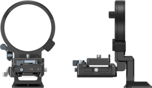 800q-02_125265 Kaksi näkymää SmallRig 4244 Rotatable Horizontal-to-Vertical Mount Plate Kit for Sony A1/A7/A9/FX -kiinnityssarjasta: etupuolella näkyy pyöreä aukko ja nupit; sivussa näkyy jalusta ja kameran kiinnityspisteet.