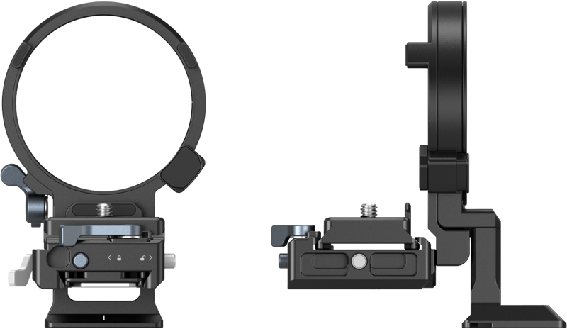 800q-02_125265 Kaksi näkymää SmallRig 4244 Rotatable Horizontal-to-Vertical Mount Plate Kit for Sony A1/A7/A9/FX -kiinnityssarjasta: etupuolella näkyy pyöreä aukko ja nupit; sivussa näkyy jalusta ja kameran kiinnityspisteet.