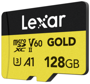 800q-02_126304 Lexar microSDXC GOLD UHS-II/C10/A1/U3 -muistikortti (V60), 128 Gt, musta ja kultainen muotoilu, R280/W100-nopeudet.