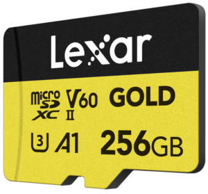 Lexar microSDXC GOLD UHS-II/C10/A1/U3 (V60) 256 Gt:n muistikortti, jossa on kultainen ja musta muotoilu ja joka tarjoaa R280/W100-nopeuden.