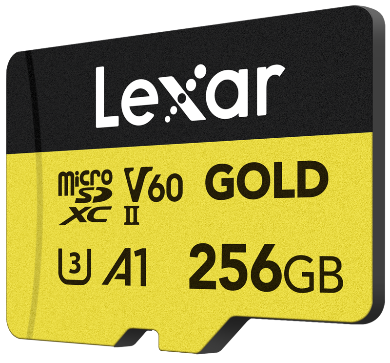 Lexar microSDXC GOLD UHS-II/C10/A1/U3 (V60) 256 Gt:n muistikortti, jossa on kultainen ja musta muotoilu ja joka tarjoaa R280/W100-nopeuden.