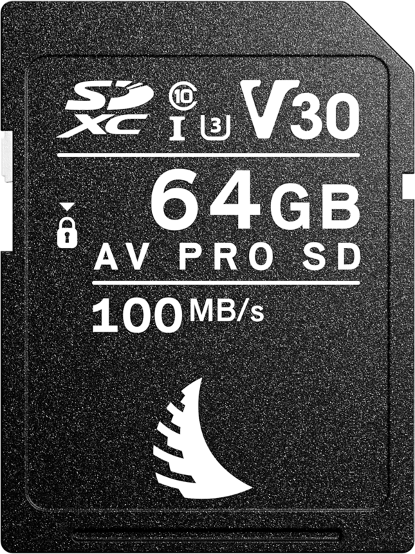 800q-02_126488 ANGELBIRD SD AV PRO SDXC UHS-I R100/W52 (V30) - 64GB on musta SDXC-muistikortti, jossa on "64GB AV PRO SD" -merkintä, 100MB/s lukunopeus, V30-, U3- ja Class 10 -symbolit sekä valkoinen logo pohjassa.