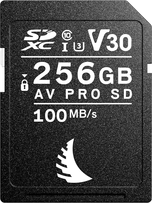 Musta ANGELBIRD SD AV PRO SDXC UHS-I 256GB -muistikortti, jossa on R100/W92 MB/s -nopeus, V30-, U3- ja Class 10 -kuvakkeet sekä valkoinen logo pohjassa.