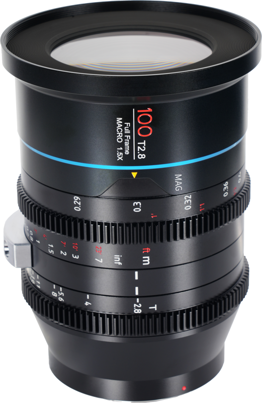 800q-02_126519 Lähikuva Sirui Cine Lens Jupiter FF 100mm T2.8 Macro PL-Mount -objektiivista, jossa näkyy yksityiskohtaiset tarkennus- ja aukon säätörenkaat mittausmerkinnöillä ja 1,5-kertainen täyden rungon makroominaisuus.
