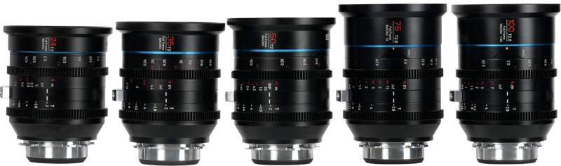 SIrui Cine Lens Kit Jupiter -objektiivisarjassa on viisi PL-kiinnitteistä elokuvaobjektiivia (24mm, 35mm, 50mm, 75mm ja 100mm), jotka on rivissä vierekkäin valkoisella pohjalla ja joissa näkyy niiden tarkennus- ja aukkomerkinnät.