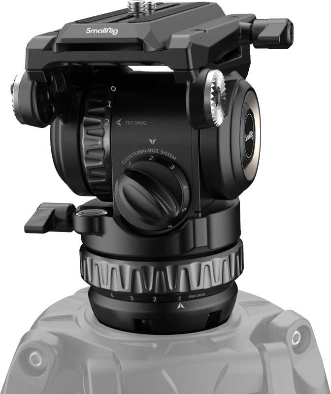 800q-02_127160 Lähikuva SmallRig 4287 Professional Video Head PH8 -videopäästä, jossa näkyy sen säätönupit ja merkittyjen kallistus-, panorointi- ja vastapainon säätimet, asennettuna jalustalle.