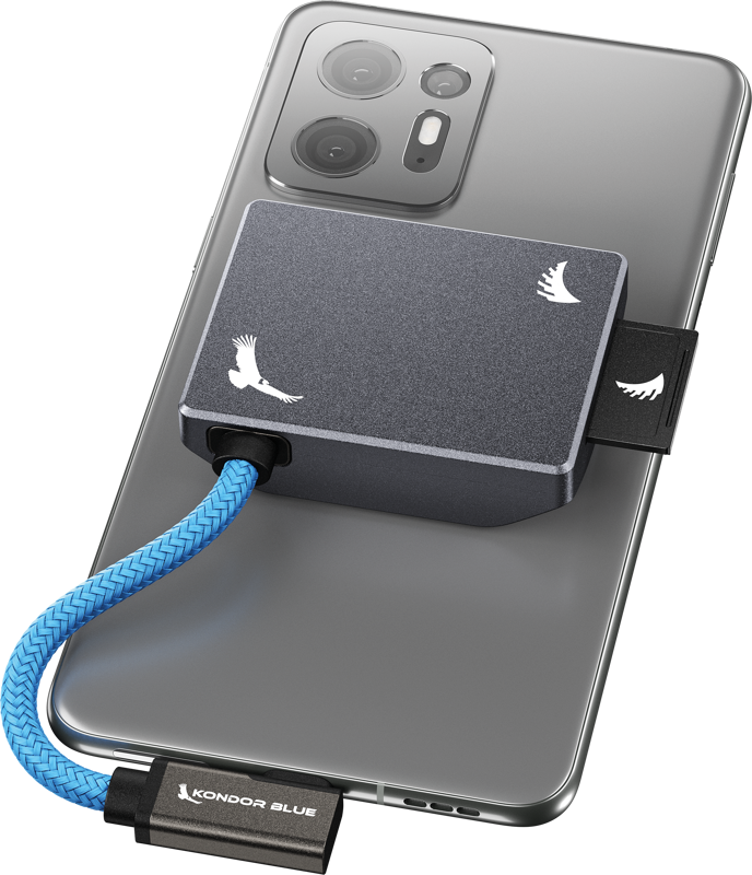 800q-02_127422 The ANGELBIRD Kondor Blue SD Memory Card Reader - Grey with white bird logos connects to your grey smartphone with a short blue braided Kondor Blue cable.
