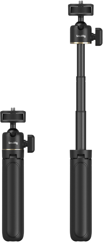800q-02_127426 Kaksi SmallRig 4369 Smartphone Vlog Tripod Kit VK-50 Advanced Version kahvaa on esitetty vierekkäin - yksi kokoontaitettuna, toinen ulosvedettynä. Molemmissa on yläosassa kiinnityspäät ja sivussa lukitusnupit säädettävää pidennystä varten.