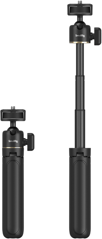 Kaksi mustaa SmallRig 4364 Smartphone Vlog Tripod Kit VK-20 Advanced Version selfie-keppiä on kuvassa vierekkäin; vasen on kokoontaitettuna, oikea on ulosvedettynä. Molemmissa on säätönupit ja kiinnitysruuvi päällä.