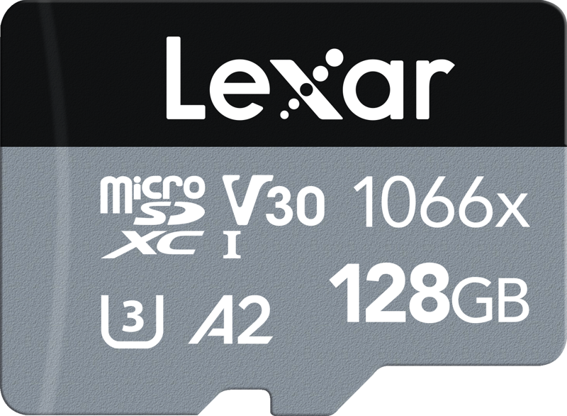 800q-03_115320 Lexar microSDHC SILVER 128GB muistikortti (1066x, UHS-I/U1/A2, V30), jonka lukunopeus on jopa 160MB/s ja kirjoitusnopeus jopa 70MB/s.