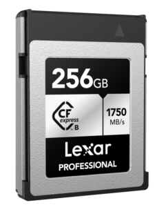 Lexar CFexpress Pro Silver Serie R1750/W1300 256GB -muistikortti näkyy tavallista taustaa vasten.