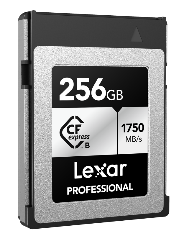 Lexar CFexpress Pro Silver Serie R1750/W1300 256GB -muistikortti näkyy tavallista taustaa vasten.