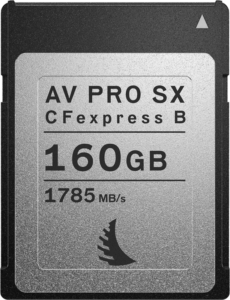 800q-03_118556 ANGELBIRD AV PRO Type B CFexpress SX 160GB -muistikortti, kuvassa hopeanvärinen ja musta, tarjoaa 1785 MB/s lukunopeuden.