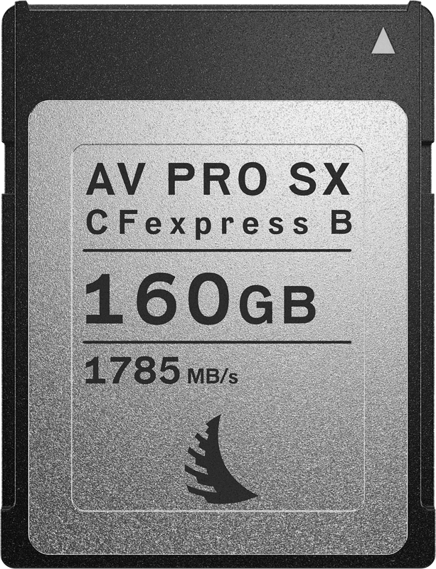 800q-03_118556 ANGELBIRD AV PRO Type B CFexpress SX 160GB -muistikortti, kuvassa hopeanvärinen ja musta, tarjoaa 1785 MB/s lukunopeuden.