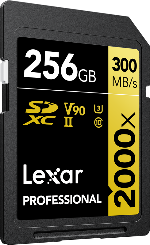800q-03_118772 Lexar Pro 2000X SDHC/SDXC UHS-II U3 (V90) -muistikortin kapasiteetti on 256 Gt, lukunopeus 300 MB/s ja kirjoitusnopeus 260 MB/s. Kortin oikealla puolella on keltainen etiketti, jossa lukee "2000x".