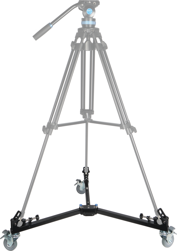800q-03_118828 Sirui DT-06 Tripod Slider Dolly, musta kolmella pyörällä, on kiinnitetty kolmijalkaisiin jalkoihin, jotka näkyvät puoliksi läpinäkyvinä ja korostavat dollya. Tuote näkyy valkoista taustaa vasten.