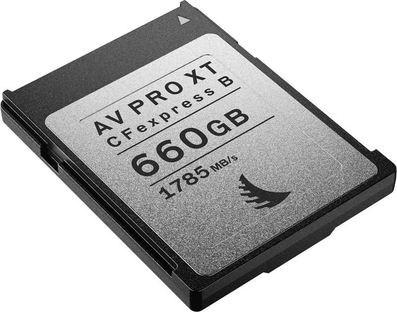 ANGELBIRD AV PRO CFexpress XT MK2 Type B 660 GB:n muistikortti, jonka nopeus on 1785 MB/s, näkyy vaalealla taustalla.