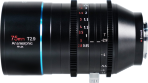 800q-03_119106 Sirui Anamorphic Lens Venus 1.6x FF 75mm T2.9 E-Mount on musta objektiivi, jossa on etäisyys- ja aukkomerkinnät, hammasrenkaat tarkennuksen ja aukon säätöä varten sekä E-mount-merkintä takana.