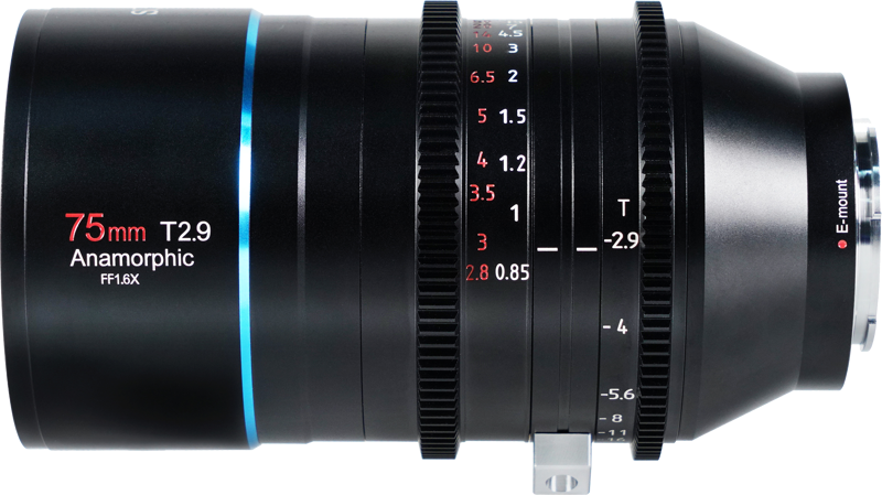 800q-03_119106 Sirui Anamorphic Lens Venus 1.6x FF 75mm T2.9 E-Mount on musta objektiivi, jossa on etäisyys- ja aukkomerkinnät, hammasrenkaat tarkennuksen ja aukon säätöä varten sekä E-mount-merkintä takana.