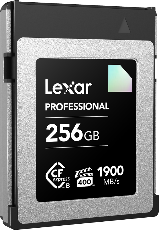 800q-03_120863 Lexar CFexpress Pro Diamond R1900/W1700 (VPG400) 256GB -muistikortti tarjoaa 256GB kapasiteettia ja jopa 1900 MB/s nopeuden tyylikkäässä hopean ja mustan värisessä muotoilussa, jonka tärkeimmät tiedot näkyvät etiketissä.
