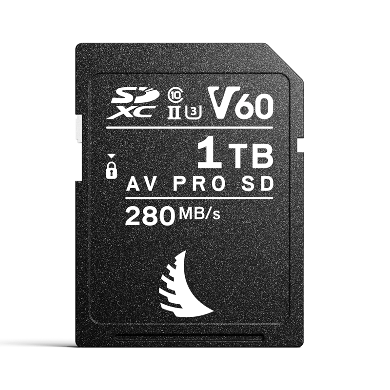 800q-03_121066 Musta ANGELBIRD 1TB AV Pro Mk 2 V60 UHS-II SDXC-muistikortti, jossa on nopeus- ja kapasiteettikuvakkeet valkoisella pohjalla.