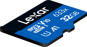 800q-03_121227 Blue Lexar 633X microSDHC/SDXC (V30) R100 32GB memory card with V30 and UHS-I speed class symbols on the front.
