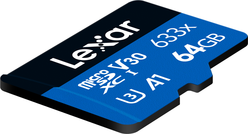 800q-03_121228 Sininen Lexar 633X microSDHC/SDXC (V30) R95/W45 64GB -muistikortti, jossa on merkinnät U3 ja A1, näkyy vinossa valkoisella pohjalla.